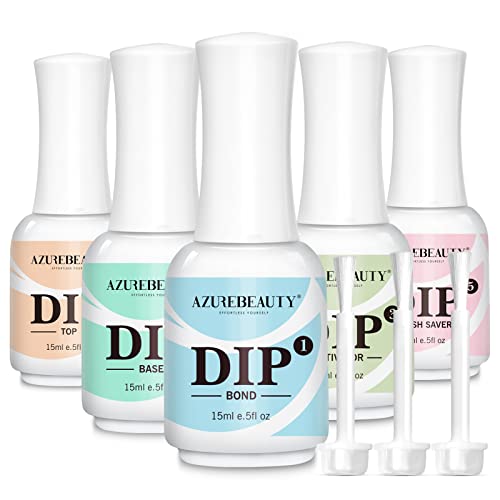 AZUREBEAUTY 5+3 Pcs Dipping Powder Liquid Set- 15ml Large Capacity Dip Powder Base & Top, Bond, Activator, Brush Saver for Dip Powder Nail Kit No Nail Lamp Needed (0.5oz)