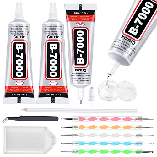 B7000 Glue Clear with Precision Tip, B-7000 Jewelry Bead Glue Adhesive Medium Viscosity with Art Dotting Stylus Pens Rhinestone Applicator Kit for Clothes Fabric Nail Crafts DIY (3 PCS, 25 ML/ 0.9 oz)