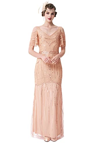 BABEYOND Long Dress V-Neck Party Dress Multi-Layer Long Fringe (Medium, Rose Gold)