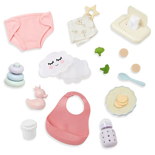 BABI by Battat – 20 Pieces Care & Feeding Set – 14-inch Baby Doll Accessories – Changing Diaper, Bib, Play Food, Pacifier – Meal Time & Changing Toys for Children Ages 3+, (BAB7616Z)