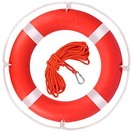 BALAVA Safety Ring Buoy,23" Boat Throw Rings with Reflective Tape & Grab Lines,Orange Life Ring Buoy for Boats,Include Water Floating Life Saving Rope(1Pack)