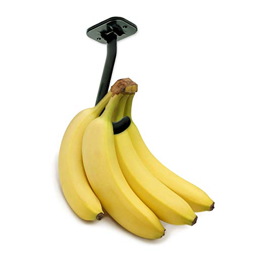 Banana Hook Hanger Under Cabinet Hook Ripens Bananas with Less Bruises, Hang Other Lightweight Kitchen Items, Folds Up Out of Sight When Not in Use, Self-Adhesive + Pre-drilled Screw Holes (Black)