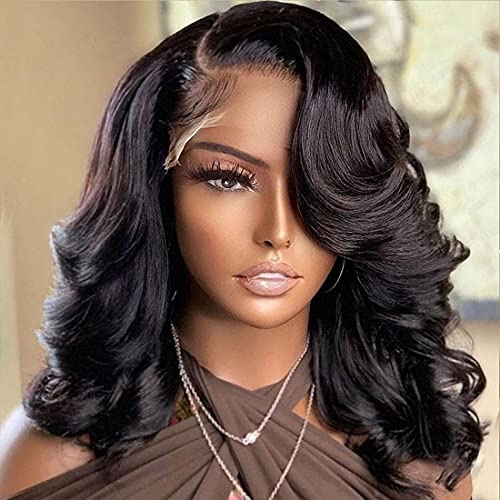 Beauty Forever Feather Bang No Cut 13X4 Bob Lace Front Wigs Human Hair Natural Wave Wig Side Part 180% Density For Women, 16 Inch Virgin Human Hair Wigs Pre-plucked With Baby Hair Natural Color