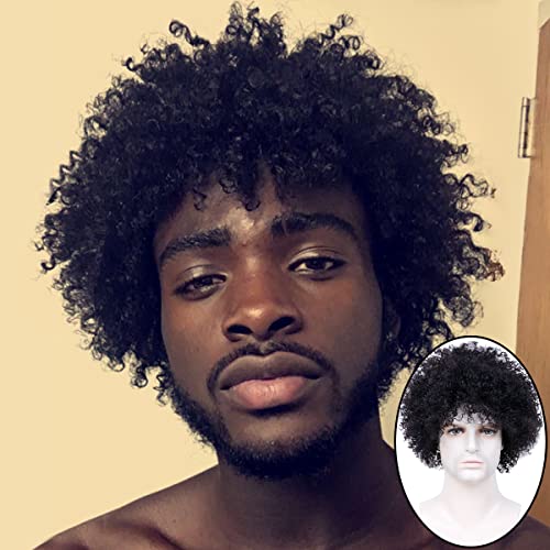 BECUS 8inch Afro Wig for Black men Short Kinky Curly 100% Human Hair Wigs for Black Men Short African American Male Afro Wig (Natural Spiral Black #1B)