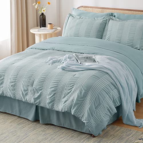 Bedsure Bed in a Bag Queen - Queen Comforter Set 8 Pieces Stripes Seersucker Bedding Set, Soft Lightweight Down Alternative Comforter, Queen Bed Set(Green, Queen 88x88 Inche)