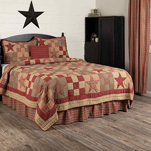 Bella Taylor Home, Primitive Country, Star Patch Red Quilted Bedding, 5 Piece Quilt Set, Queen