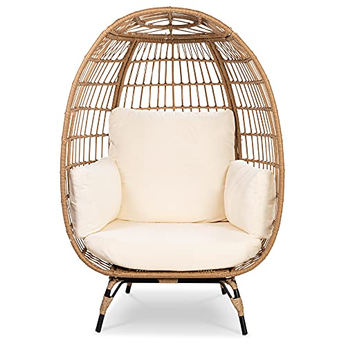 Best Choice Products Wicker Egg Chair, Oversized Indoor Outdoor Lounger for Patio, Backyard, Living Room w/ 4 Cushions, Steel Frame, 440lb Capacity - Ivory