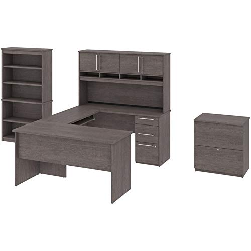 Bestar Innova U or L-Shaped Desk with Hutch, Lateral File Cabinet, and Bookcase, 83W, Bark Grey