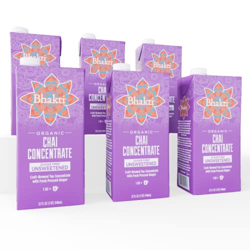 Bhakti Chai Tea Concentrate, Unsweetened, Fresh Pressed Ginger and Black Tea Blend, Vegan, Organic, Gluten-Free, All-Natural Ingredients, No Sugar, 32 Ounce Cartons (Pack of 6)