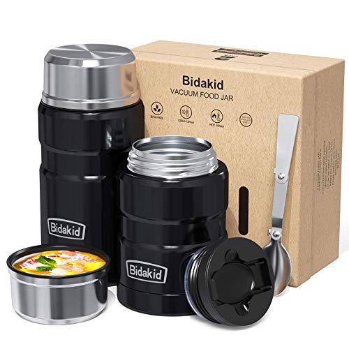 Bidakid Thermoses for Hot Food, 2 Pack insulated food jar for hot, soup thermoses, Lunch box containers for hot cold food with Lid and Folding Spoon (25.4oz+17oz)