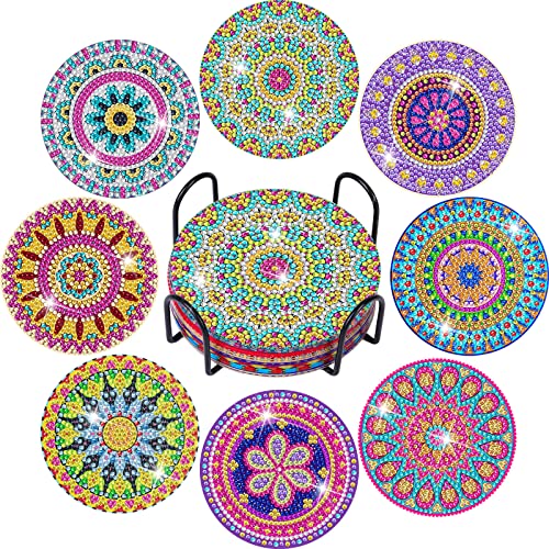 Billbotk Diamond Painting Coasters Kit, 8 Pieces Mandala Diamond Painting Coasters with Holder, DIY Diamond Art Coasters for Beginners, Kids