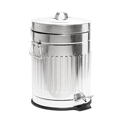 BINO Round Step Trash Can | Home or Office Bathroom Trash Cans with Lids | Kitchen Garbage Can with Non-Slip Stepper | Stainless Steel Small Trash Can with Lid | Galvanized Steel (1.3 Gallon/5 Liter)