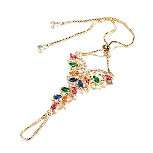 Boho Butterfly Finger Ring Bracelet for Women Girls 14K Gold Plated Colorful Cubic Zirconia Slave Hand Chain Harness Bangle Gypsy Bollywood Wedding Birthday Christmas Party Y2K Jewelry Delicate Gift 1 PC