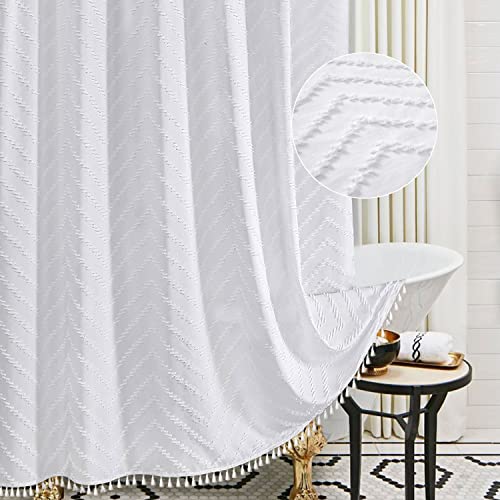 Boho Shower Curtain White Tassel Woven Fabric Shower Curtain Modern Farmhouse Textured Tufted Chevron Striped Minimalist Bathroom Shower Curtain Set 72 x 72 White