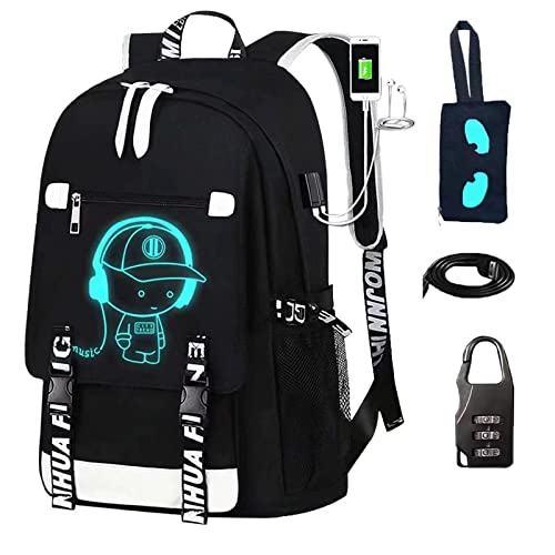 Bookbags for Teen Boys, Anime Cartoon with USB Charging Port, School Backpack for Luminous Backpack Girls/Boys, Cool Anime Backpack Anti Theft Lock &Pencil Case Laptop Backpack. Waterproof Backpack