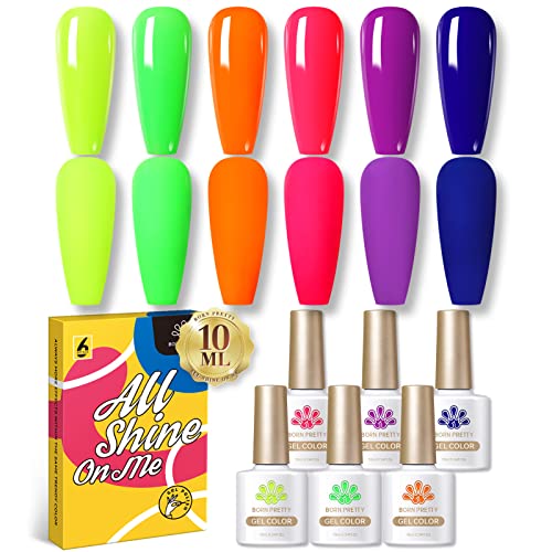 Born Pretty Neon Gel Nail Polish Set Fluorescent Gel Polish Luminous Glow in Dark Gel Polish Orange Hot Pink Blue Yellow Green Purple Vibrant Spring Summer Gel Polish Nail Art Manicure 6PCS 10ML