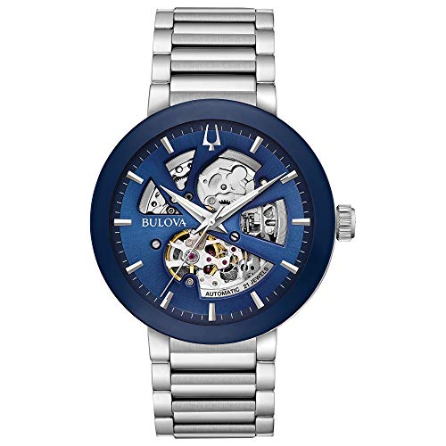 Bulova Men's Modern Stainless Steel 3-Hand Automatic Watch, Blue Skeleton Dial Style: 96A204