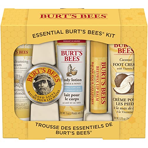 Burts Bees Mothers Day Gifts for Mom, 5 Body Care Products, Everyday Essentials Set - Original Beeswax Lip Balm, Deep Cleansing Cream. Hand Salve, Body Lotion & Foot Cream, Travel Size