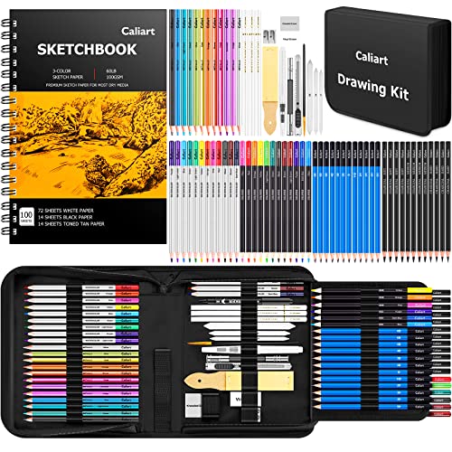 Caliart Art Supplies, Drawing Supplies, Premium Art Set Sketching Kit with 100 Sheets 3-Color Sketch Book, Graphite, Colored, Charcoal, Watercolor & Metallic Pencils for Artists Adults Teens Beginners