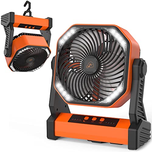 Camping Fan with LED Lantern, 20000mAh Rechargeable Battery Operated Outdoor Tent Fan with Light & Hook, 270° Pivot, 4 Speeds, Personal USB Desk Fan for Camping, Power Outage, Hurricane, Jobsite