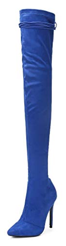 CAMSSOO Women's Suede Heeled Thigh High Boots Knee Thigh Boots Pointed Toe Sexy Fashion Side Zipper Lace Up Stiletto Over The Knee Boots Blue Faux Suede Size US5.5