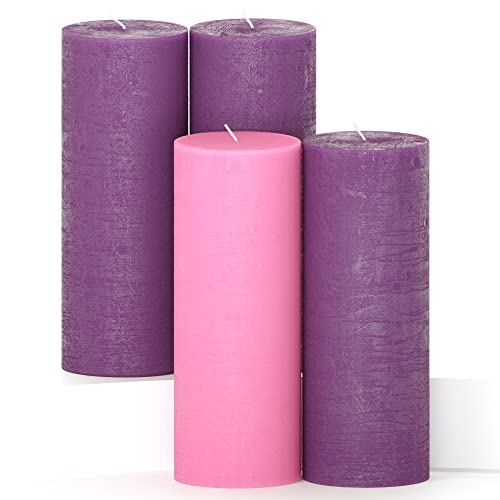 CANDWAX 3x8 Pillar Advent Candles Set of 4 - Rustic Pillar Candles Unscented and No Drip Candles - Ideal as Candles for Advent Wreath or Christmas Decorations - Purple Set of Advent Pillar Candles