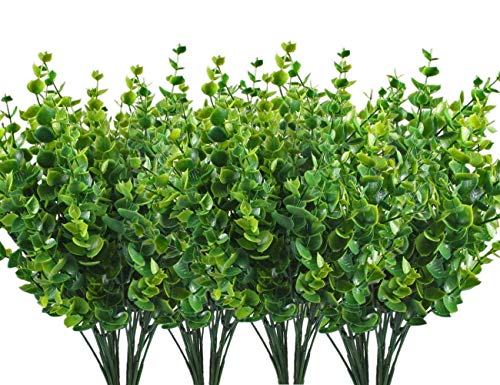 CATTREE Artificial Shrubs Bushes, Plastic Eucalyptus Leaves Fake Green Plants Wedding Indoor Outdoor Home Garden Verandah Kitchen Office Table Centerpieces Arrangements Christmas Decoration 8 pcs