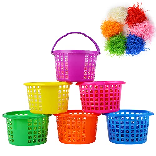 CCINEE 6pcs Plastic Easter Basket with Handle, Round Easter Egg Hunt Basket Bulk Easter Buckets Multicolor Easter Baskets with 60G Easter Grass Suffers for Kids Easter Party Supply