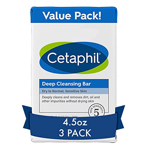 Cetaphil Bar Soap, Deep Cleansing Face and Body Bar, Pack of 3, For Dry to Normal, Sensitive Skin, Soap Free, Hypoallergenic, Paraben Free, Fragrance Free, Removes Makeup, Dirt and Oil