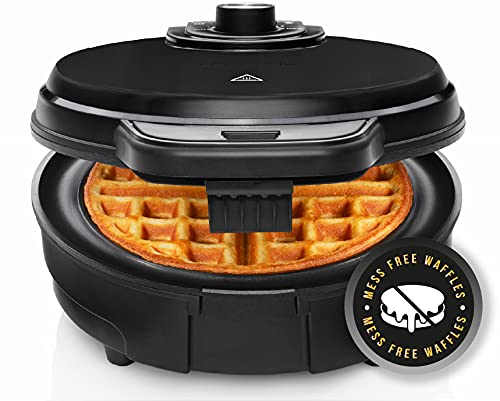 Chefman Anti-Overflow Belgian Waffle Maker w/Shade Selector, Temperature Control, Mess Free Moat, Round Iron w/Nonstick Plates & Cool Touch Handle, Measuring Cup Included, Black