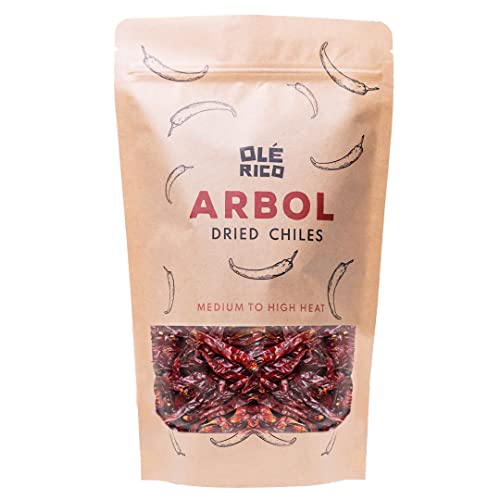 Chile de Arbol 4 oz - Dried Whole Red Chili Peppers, Premium Dried Chiles, Spicy Hot Heat, Use in Mexican, Chinese and Thai Dishes, Packaged in Resealable Kraft Bag by OLÉ RICO