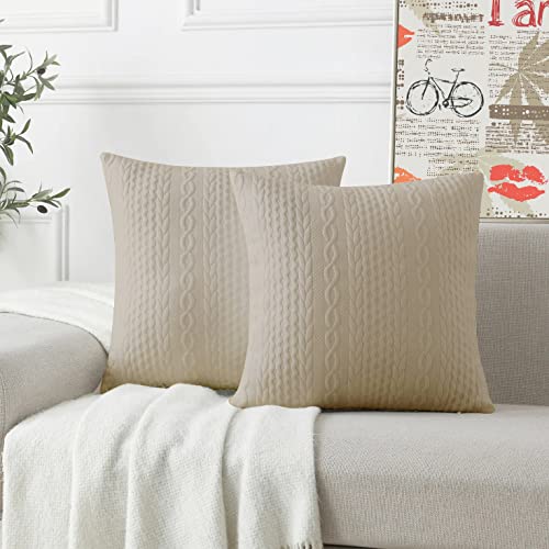 Cikary Decorative Throw Pillow Covers 18x18 Set of 2 for Sofa Bed with Raised Twisted Rope Pattern, Stretchy Embossed Couch Pillow Covers, Light Tan