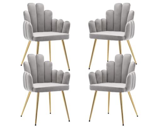 CIMOTA Gray Dining Chairs Set of 4 Velvet Upholstered Comfy Living Room Chairs Modern Finger Shape Back Vanity Chair with Arms for Makeup Room/Bedroom, 4PCS