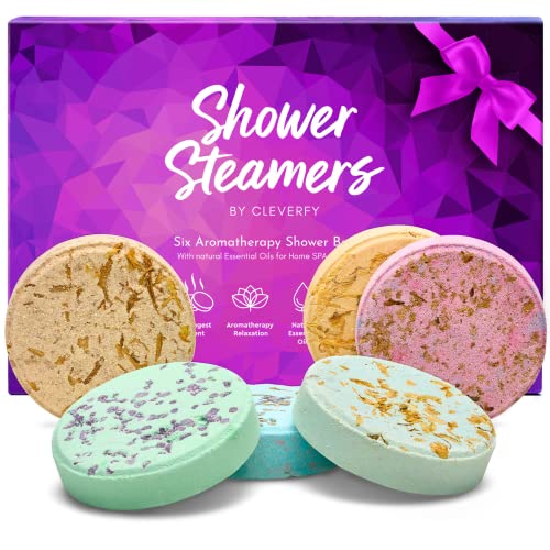 Cleverfy Shower Steamers Aromatherapy - Variety Pack of 6 Shower Bombs with Essential Oils. Self Care and Relaxation Teacher Appreciation and Mothers Day Gifts for Mom. Purple Set