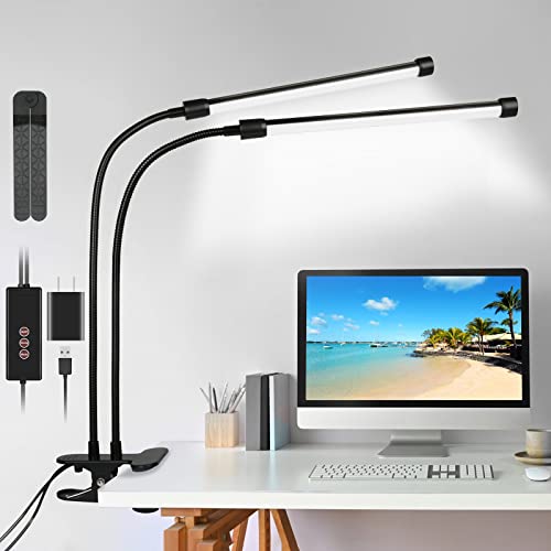 Clip on Light, Dual Head Brighter Desk Lamp, 3H/6H/12H Timer Desk Lamp with Clamp, 3 Color Modes 5 Dimmer Levels Clip on Lamp, Clip on Desk Lamp for Working, Reading, Drawing, Bedroom, Piano