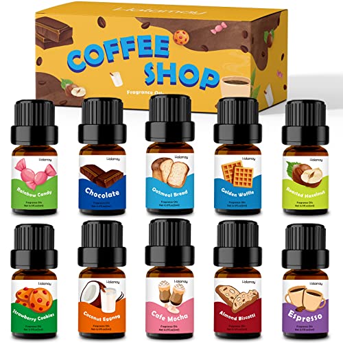 Coffee Shop Fragrance Oil for Candle & Soap Making, Holamay Premium Scented Oils 10 x 5ml - Espresso, Cafe Mocha, Chocolate, Almond Biscotti and More, Aromatherapy Essential Oils for Diffuser