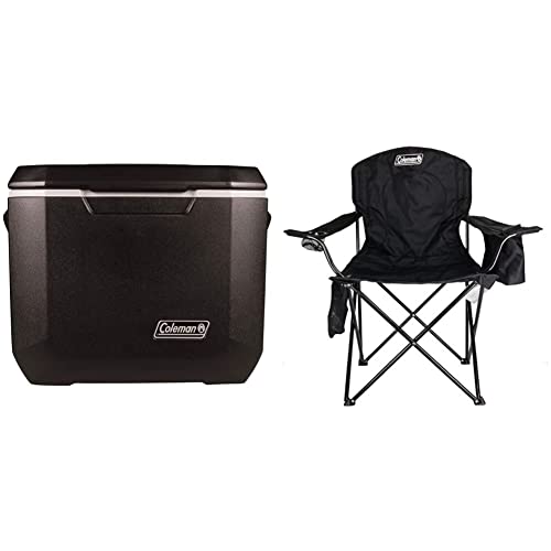 Coleman Rolling Cooler | 50 Quart Xtreme 5 Day Cooler, Black & Camp Chair with 4-Can Cooler | Folding Beach Chair with Built in Drinks Cooler | Portable Quad Chair, Black, Roomy seat: 24"