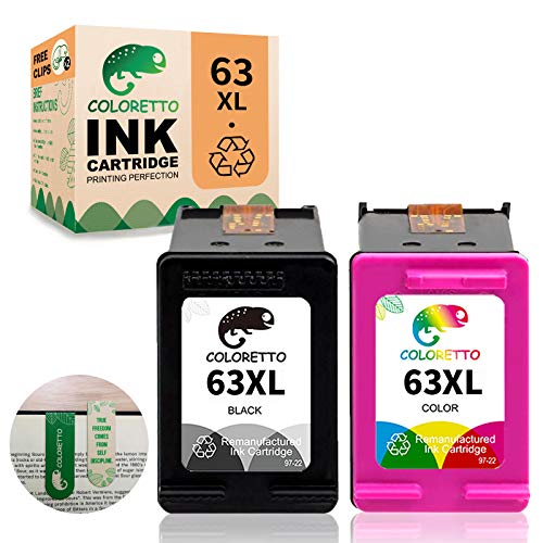 COLORETTO Remanufactured Printer Ink Cartridge Replacement for HP 63XL to use with Envy 4520 4516 Officejet 5255 5258 DeskJet 1112 3632 3639 1112 2130 3632 3633 3634 (1 Black+1 Color) Combo Pack with