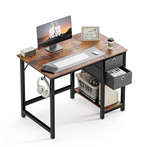 Computer Desk with Drawer 40 Inch Home Office Desk Writing Desk Work Desk PC Table Study Desk with Two-tier Drawers Storage Shelf Headphone Hook, Modern Simple Style Laptop Desk for Bedroom, Gaming