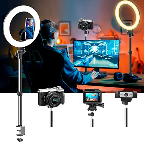 Computer Streaming Ring Light with Desk Mount Stand for Video Conferencing Recording/Zoom Meeting/Calls/Makeup-12''LED Desktop Circle Lighting with Clamp Stand&Phone Holder for Phone/Webcam/Camera