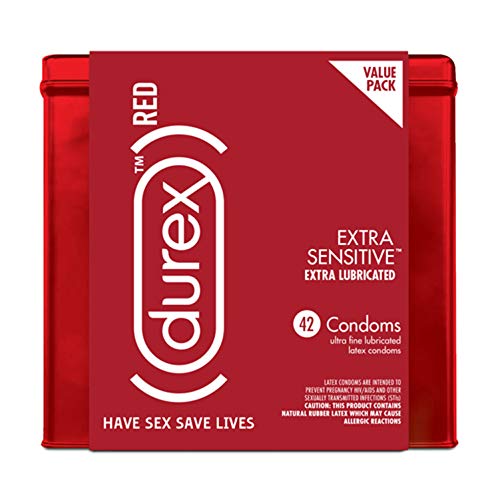 Condoms, Durex RED Extra Sensitive, Ultra Fine, Extra Lubricated Natural Rubber Latex Condoms for Men, 42 Count, FSA & HSA Eligible