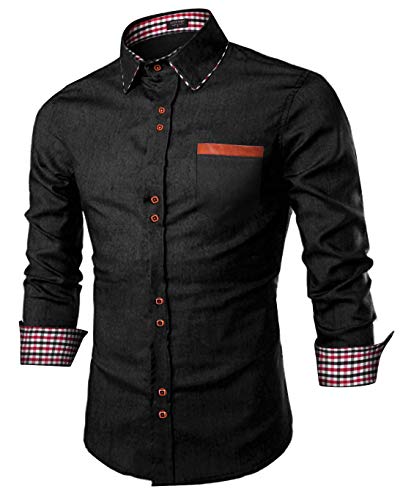 COOFANDY Men's Casual Cotton Long Sleeve Denim Dress Shirt Plaid Collar Slim Fit Button Down Shirt