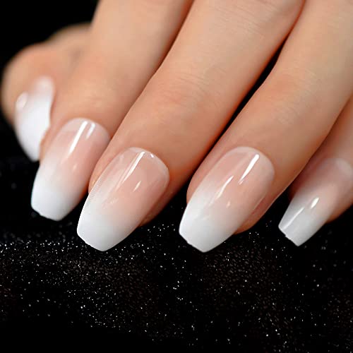 CoolNail Pink Nude White Ombre French Ballerina Coffin False Nails Gradient Natural Manicure Press on Fake Nails Tips Daily Office Finger Wear