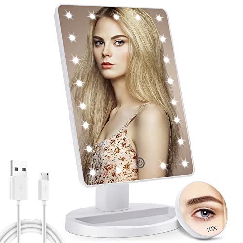 COSMIRROR Lighted Makeup Vanity Mirror with 10X Magnifying Mirror, 21 LED Lighted Mirror with Touch Sensor Dimming, 180°Adjustable Rotation, Dual Power Supply, Portable Cosmetic Mirror (White)