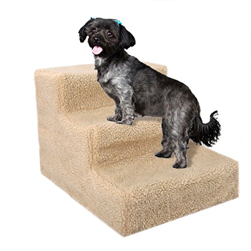 COZIWOW Cute 3 Steps Pet Stair - Removable Cover, for Dogs and Cats, Slip Resistant, High Bed in Beige, 11.7" H