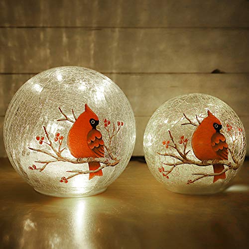 Crackle Glass Ball Lights Cardinal Bird Pattern Table Lamps Battery Powered 2 Pack (6in & 5 in) LED Night Light for Home Nursery Breastfeeding Bedroom Party Birthday Wedding Christmas Decoration