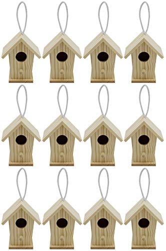 Creative Hobbies 12-Pack of Mini Wooden Bird Houses to Paint, with Hanging Cords, Unfinished DIY Design Your Own Great for Crafts, Weddings, Bible Camp and More!