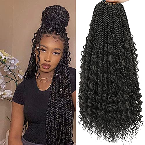 Crochet Box Braids Curly Ends 144 Strands 22 Inch Bohomian Crochet Braids Box Braids 3X Goddess Box Braids Crochet Hair Synthetic Crochet Braids Hair Extensions (22inch-6pack, 1B)