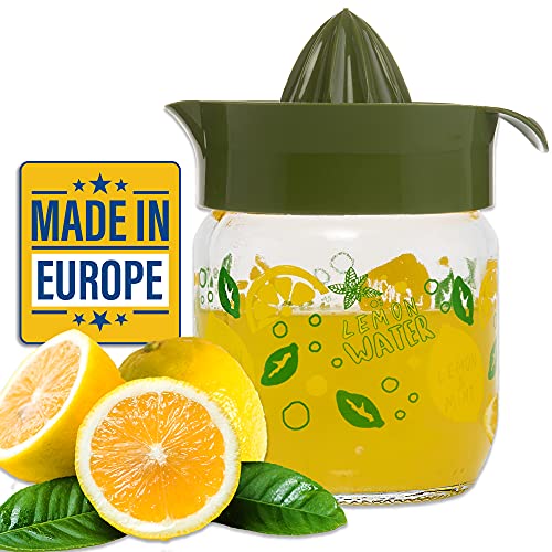Crystalia Manuel Citrus Juicer with Glass Storage Jar, All Fruit Squeezer for Lemon Orange Lime Grapefruit Juice, Handheld Juice Press Extractor with Handle, Pour Spout and Glass Storage (Green)