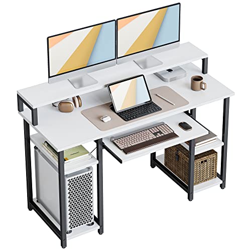 CubiCubi 47 Inch Computer Desk with Storage Shelves Monitor Stand Keyboard Tray, Home Office Desk, Study Writing Table, White